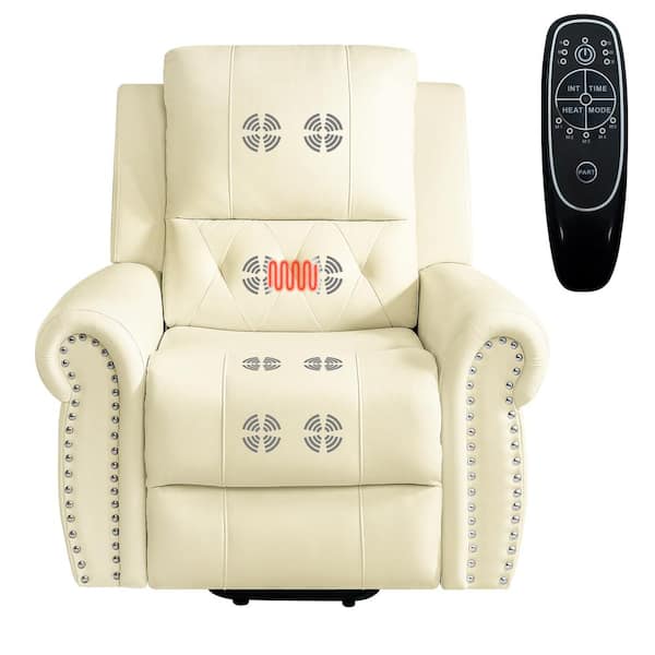 Cream Oversized Power Lift Recliner with Massage, Footrest, and Studded Detailing and Remote