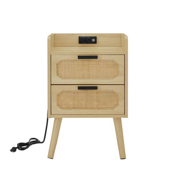 Tileon Rattan nightstand with socket side table natural, handmade ...