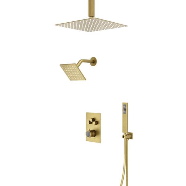 Crozet Thermostatic 7-Spray Ceiling Mount Dual Fixed and Handheld Shower Head Shower Faucet 2.5 GPM in Brushed Gold