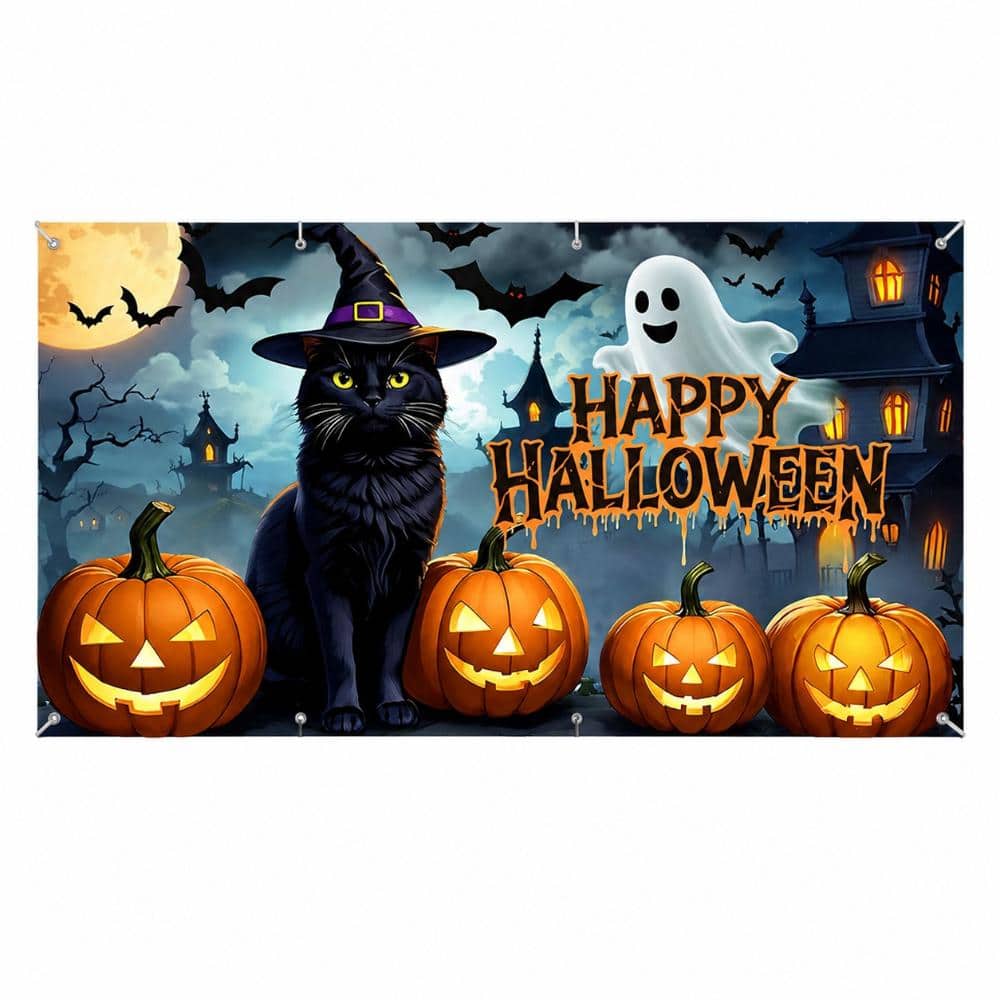 Halloween Garage Door Banner with Black Cat, Ghost, Pumpkin and Haunted House Scene, 6 x 13 ft Backdrop price history on PriceWatchPro
