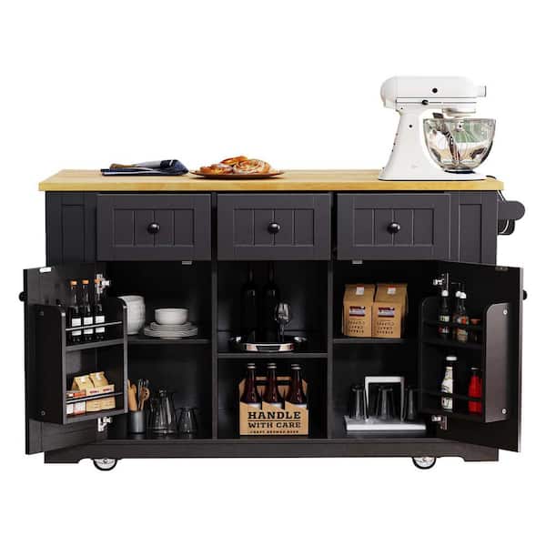 Black Wood 53 in. Kitchen Island with Drawers, Rolling