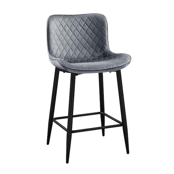 Chevre 24 in. Black Metal Counter Height Chair with Dark Gray Velvet Seat (Set of 2)