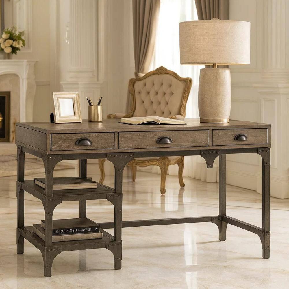 23.86 in. W x 28.98 in. H Brown and Gray Wooden and Metal Desk with 3-Drawers and 2-Side Shelves