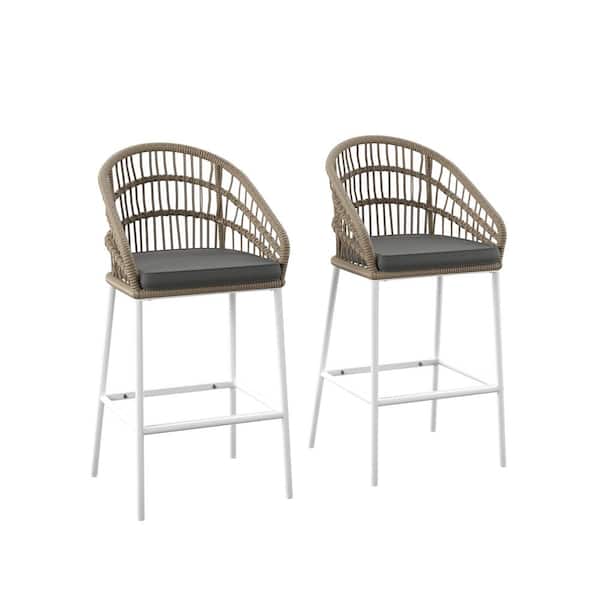 Southern Enterprises Saloma Natural Wicker Outdoor Bar Stool with Gray Cushion (2-Pack)