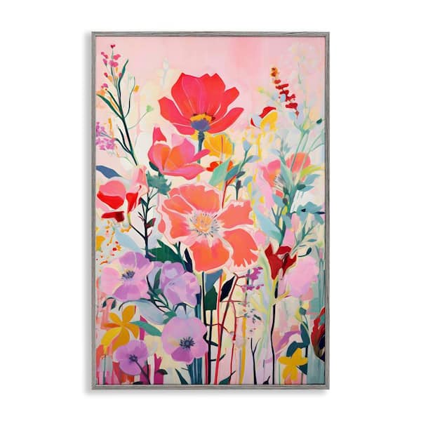 Stupell Industries Abstract Flowers on Pink by LSR Design Studio Gray Framed Nature Giclee Art Print 24 in. x 16 in.
