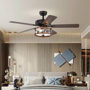 52 in. Indoor Matte Black Retro Ceiling Fan Lamp with Glass Shade Reversible Blade Remote Control