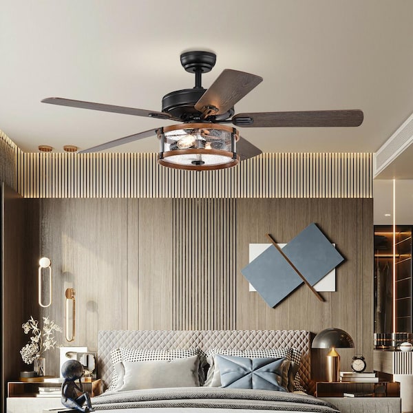 52 in. Indoor Matte Black Retro Ceiling Fan Lamp with Glass Shade Reversible Blade Remote Control