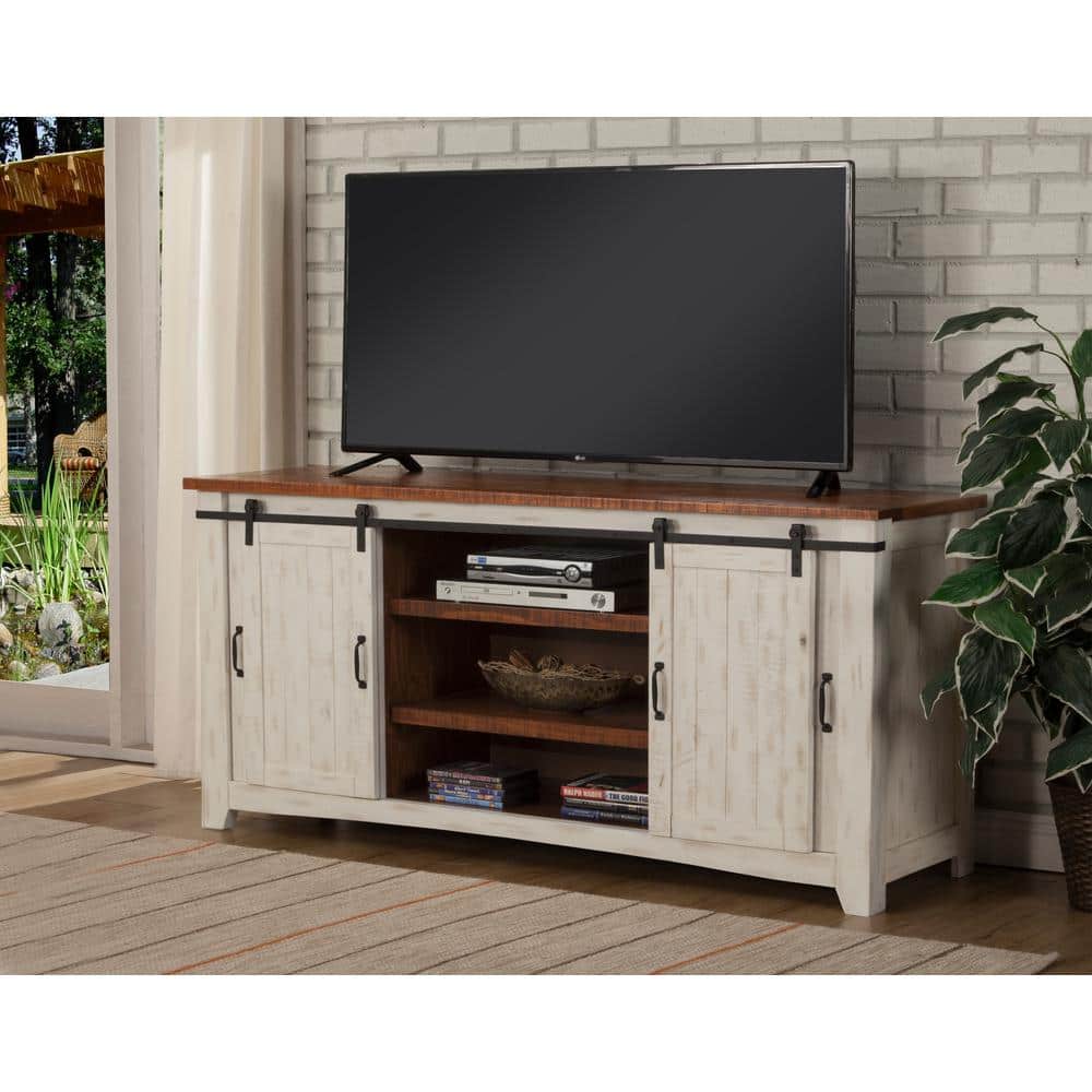Antique White and Aged Distressed Pine 65" TV Stand with Cabinet