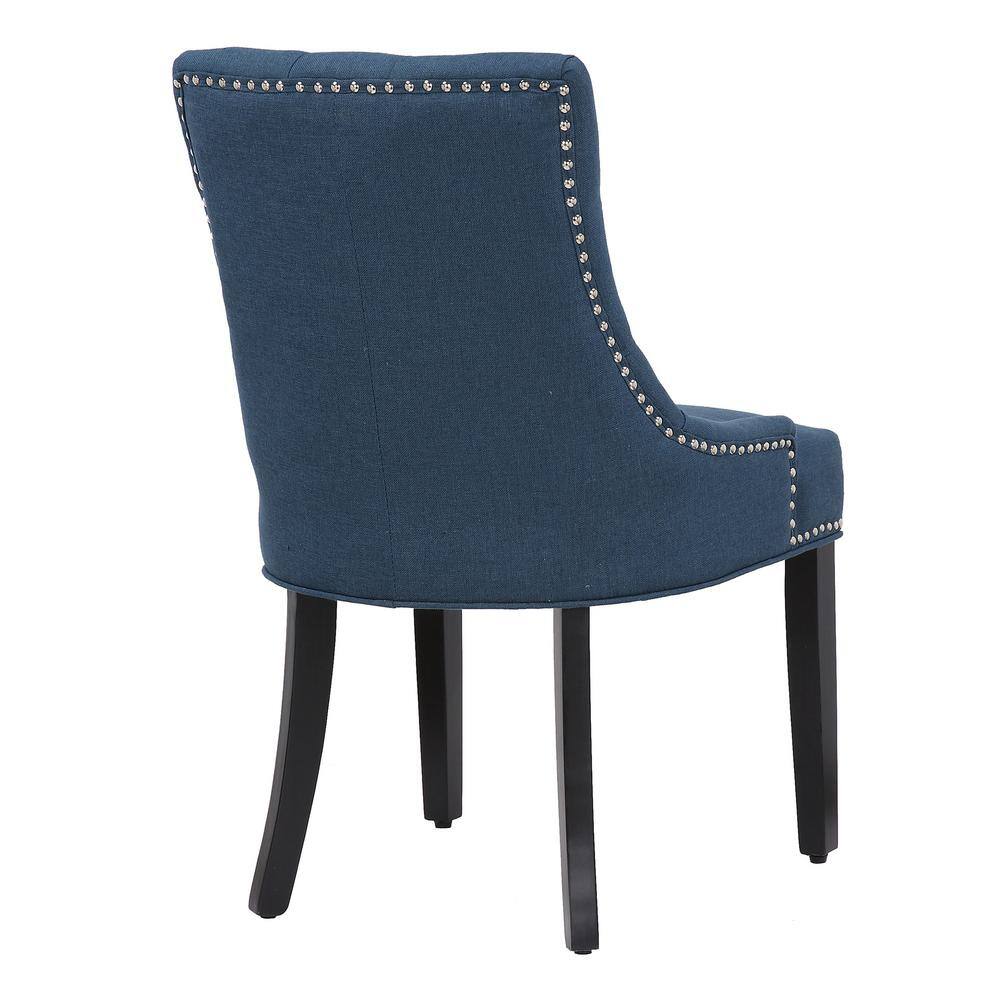 Blue Linen Upholstered Tufted Dining Side Chair with Rubberwood Legs