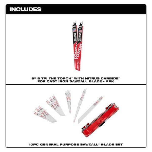 Wood/Metal Cutting Bi-Metal Reciprocating Saw Blade Set (10-Piece) with 9 in. 7 TPI TORCH Nitrus Recip Blade (2-Pack)