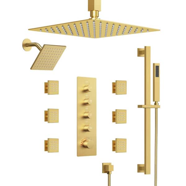 15-Spray Patterns 16 and 6 in. Ceiling Mount Dual Shower Head and Handheld Shower Head 2.5 GPM in Brushed Gold