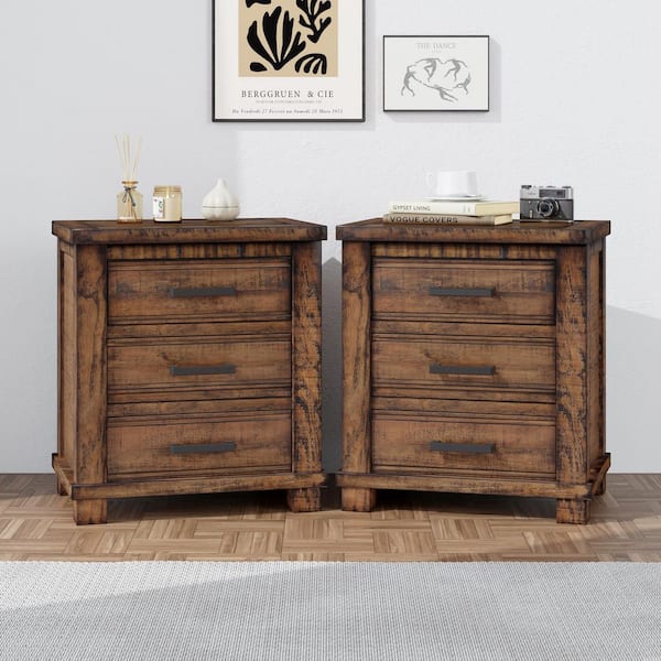 Rustic 3-Drawer Reclaimed Solid Wood Farmhouse Nightstand Set of 2(24 in. W x 17 in. D x 25.6 in. H)