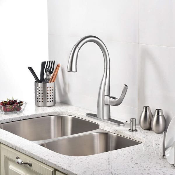 Single Handle Pull Down Sprayer Kitchen Faucet with Soap Dispenser in Brushed Nickel