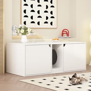 White Hidden Cat Litter Box Enclosure Furniture, Indoor Wooden Cat Washroom End Table with Double Room and Litter Catch