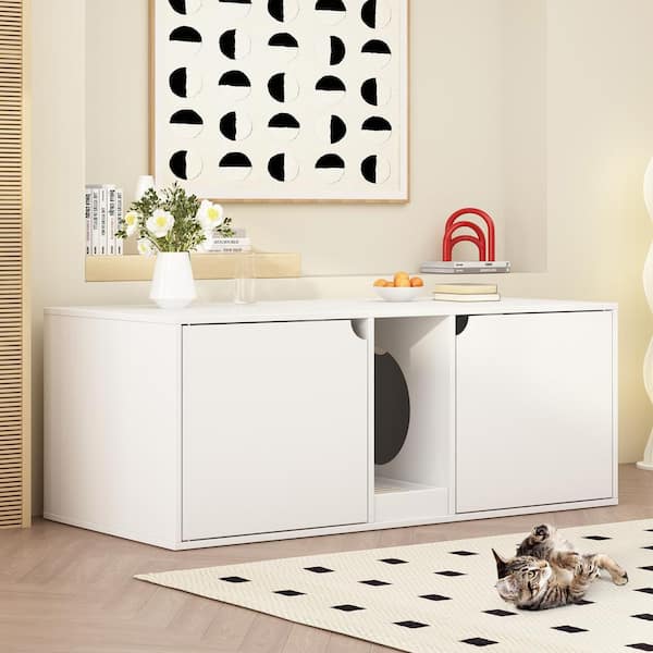 WIAWG White Hidden Cat Litter Box Enclosure Furniture, Indoor Wooden Cat Washroom End Table with Double Room and Litter Catch
