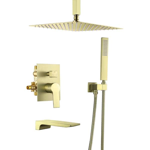 Single Handle 1-Spray Ceiling Mount Tub and Shower Faucet 1.8 GPM 12 In Shower Faucet Set in Brushed Gold Valve Included