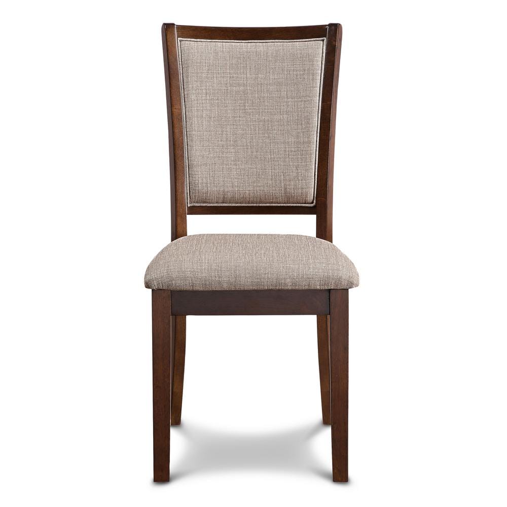 Cherry Wood Round Dining Table Set with Gray Upholstered Chairs