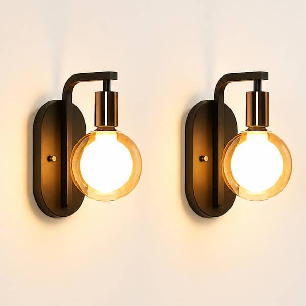 Modern Matte Black Vanity Wall Sconce with Brass Electroplated Globe Glass LED Bulb(2-Pack)