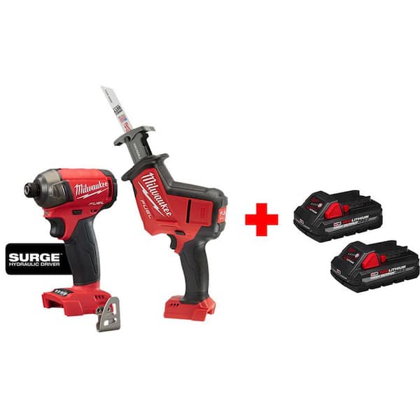 M18 FUEL 18-Volt Lithium-Ion Brushless Cordless Reciprocating Saw, Impact Driver, High Output 3.0 Ah Battery (2-Pack)