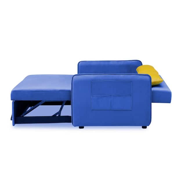 Donason 54 in. W Square Arm Velvet Straight Reclining Sofa Pull Out Bed in Blue