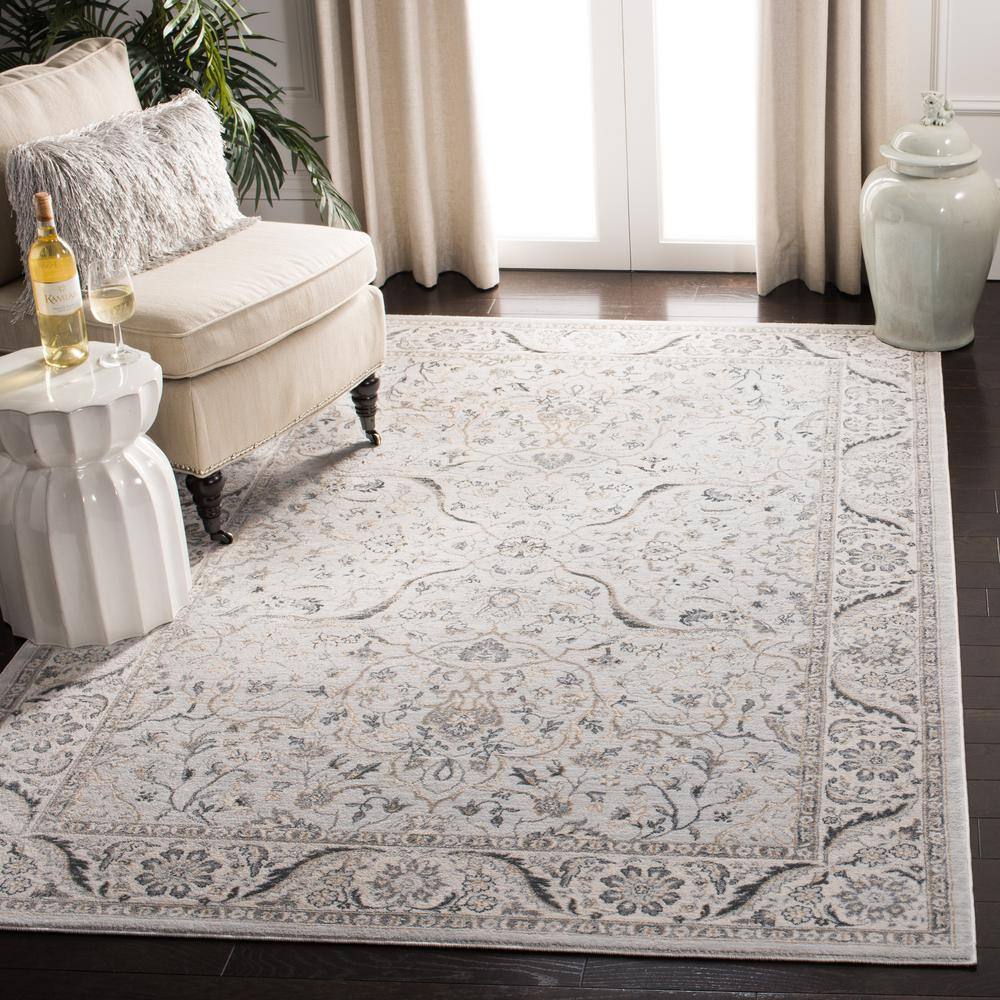 Light Grey and Cream Synthetic Floral Area Rug, 5'3" x 7'6"