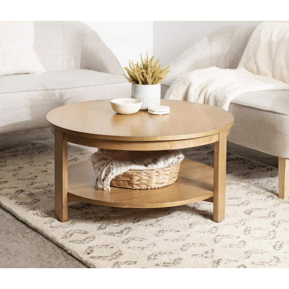 Natural Brown Round Wood and Metal Coffee Table with Storage