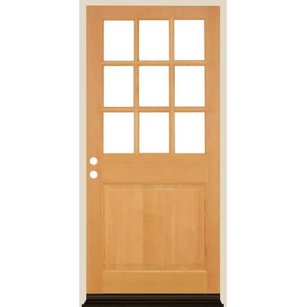 Krosswood Doors 36 in. x 80 in. Farmhouse Beveled 9-Lite Clear Glass Right Hand Clear Stain Hemlock Wood Prehung Front Door