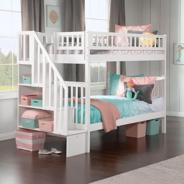 AFI Woodland Staircase Bunk Bed Twin over Twin in White