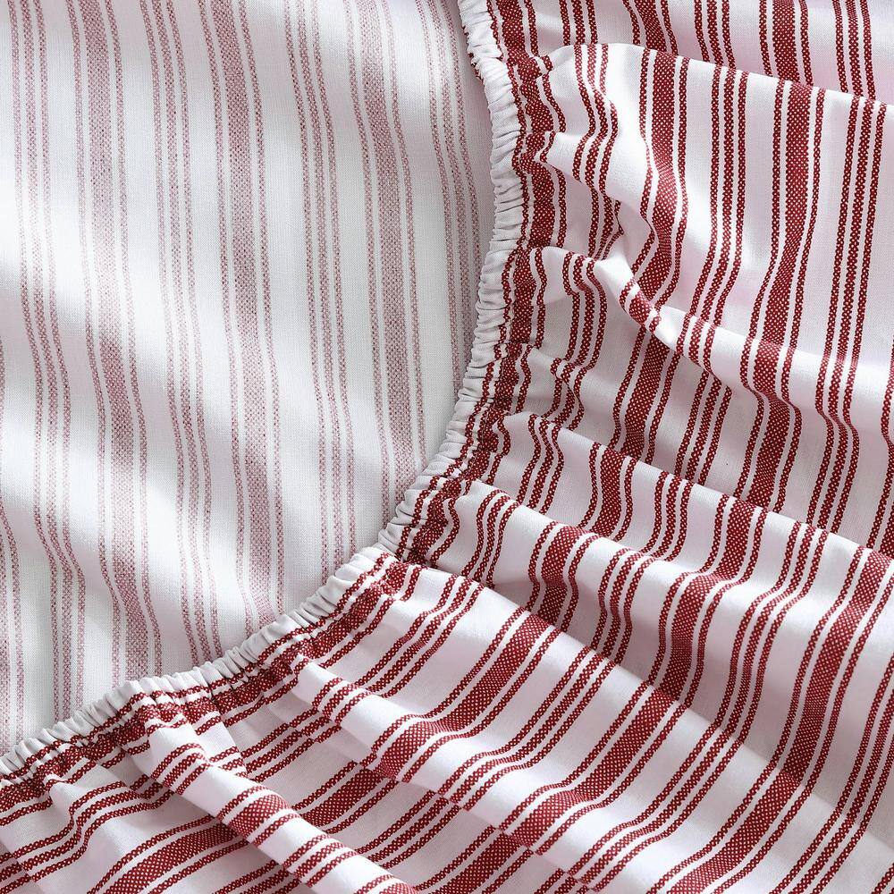 Twin Red Cotton Percale Striped Fitted Sheet
