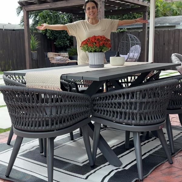 7-Piece Aluminum All-Weather PE Rattan Rectangular Outdoor Dining Set with Cushion, Gray