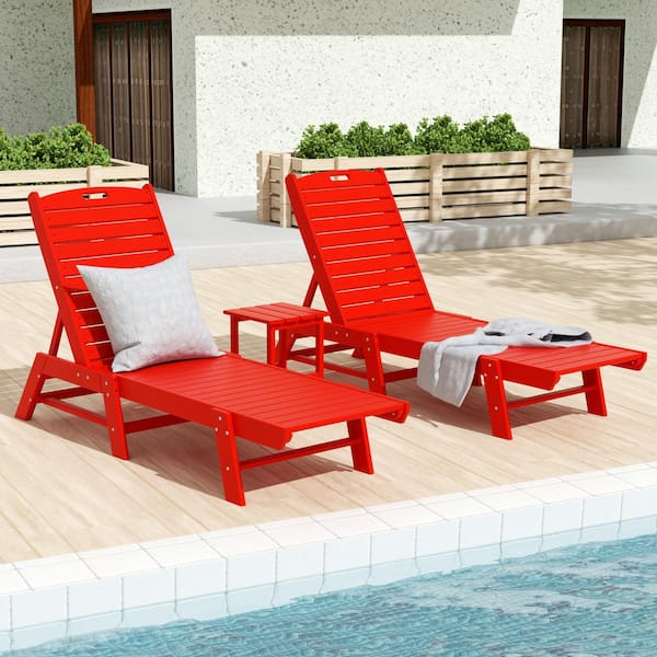 WESTIN OUTDOOR Laguna Red 3-Piece All Weather Fade Proof HDPE Plastic Outdoor Patio Reclining Chaise Lounge Chairs with Side Table Set