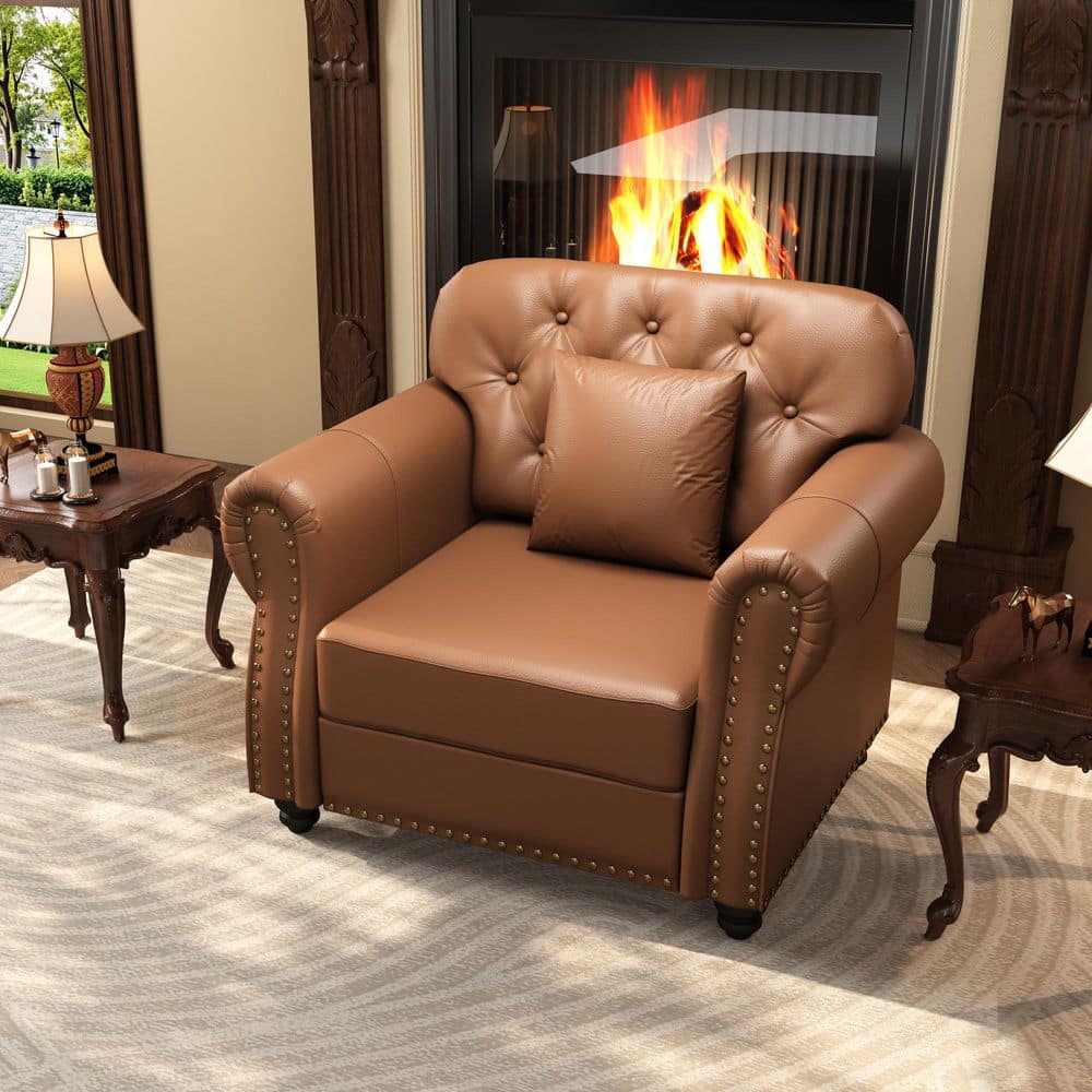 Noble House Marvin Mid-Century Modern 41.3 in. Brown Rolled Arms Faux ...