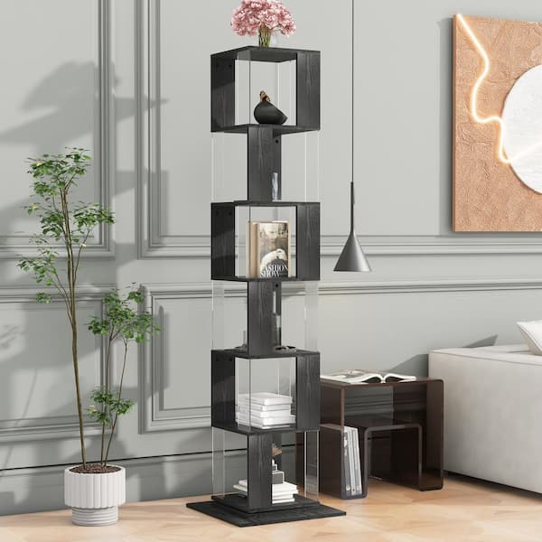 Unbranded 6 Tiers Rotating Bookshelf 74.8 in. Tall Black Wood 360 Spinning Bookcase with Acrylic Plate and Anti-toppling Base