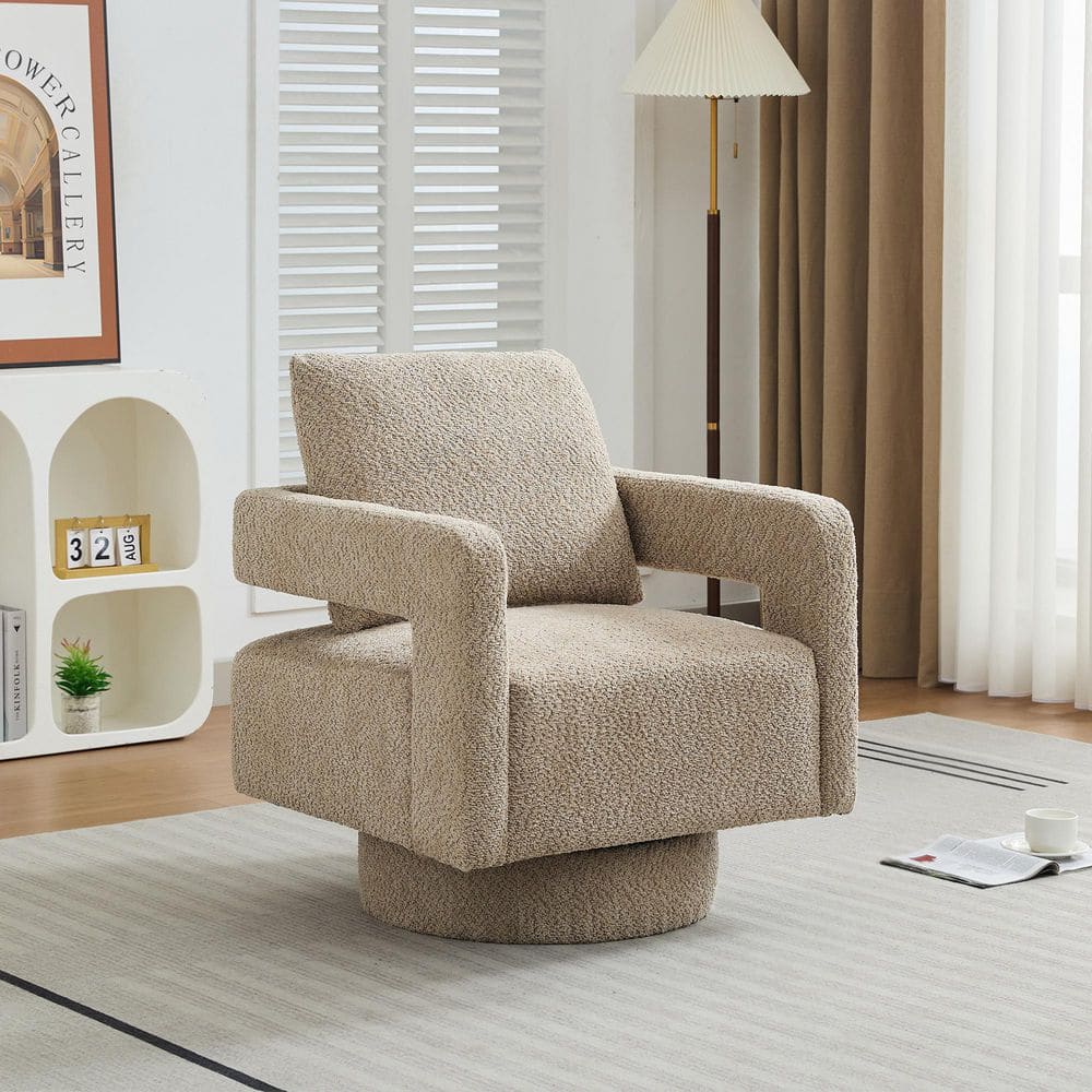 Kingly Beige 29.13 in. 360° Swivel Fabric Upholstered Flared Arms Accent Chair with Open Back, Taupe