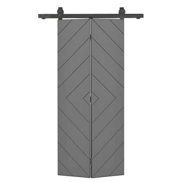 CALHOME Diamond 24 in. x 80 in. Light Gray Painted MDF Modern Bi-Fold Barn Door with Sliding Hardware Kit