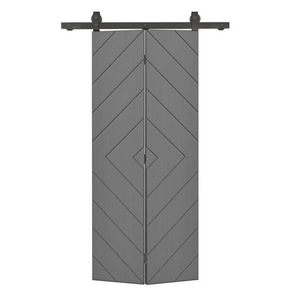 CALHOME Diamond 34 in. x 80 in. Light Gray Painted MDF Modern Bi-Fold Barn Door with Sliding Hardware Kit