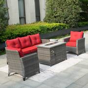 Gray 5-Piece Outdoor Rattan Wicker Patio Fire Pit Conversation Sofa Set with Red Cushions