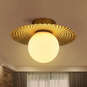 12.6 in. 1-Light Golden Diffuser Semi-Flush Mount Ceiling Light with Metal Pleated Shade and White Glass Shade