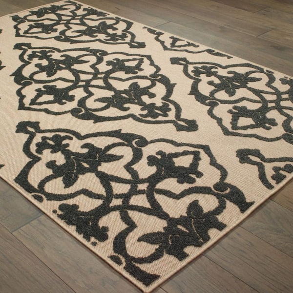 Beige, Black 4 ft. x 5 ft. Loomed Oriental Polypropylene Rectangle Indoor/Outdoor Area Rug