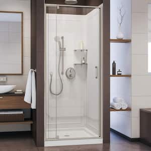 Flex 32 in. x 32 in. x 76.75 in. Pivot Shower Kit Door in Brushed Nickel with Center Drain White Base and Back Walls Kit