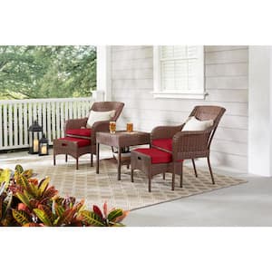 Cambridge 5-Piece Brown Wicker Outdoor Patio Conversation Seating Set with CushionGuard Chili Red Cushions