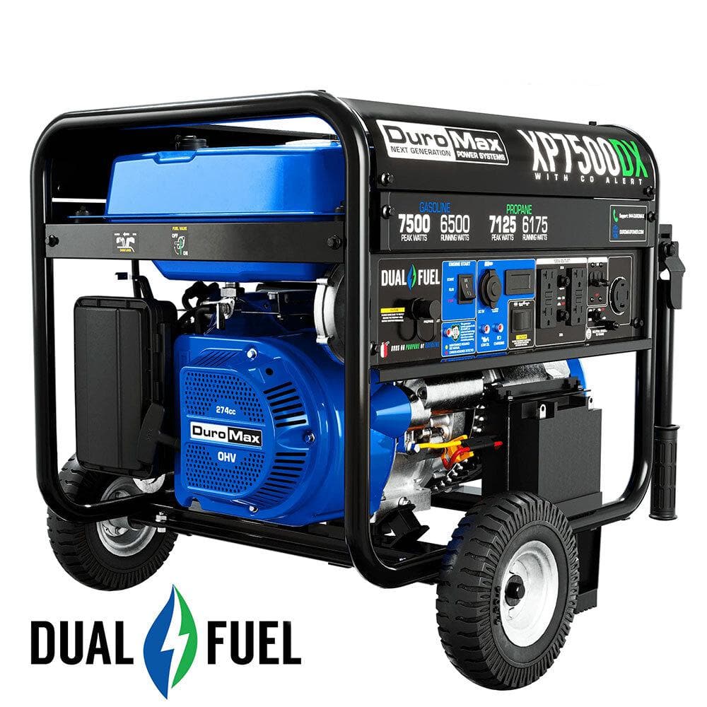 DUROMAX 7,500-Watt/6,500-Watt 274 cc Electric Start Dual Fuel Gas Propane Portable Home Power Back Up Generator with CO Alert