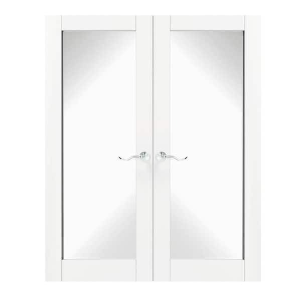 TENONER 64 in. x 80 in. Composite, MDF, Full Lite, Mirrored Glass, Primed, White Interior Door Slab with Silver Curved Doorknob