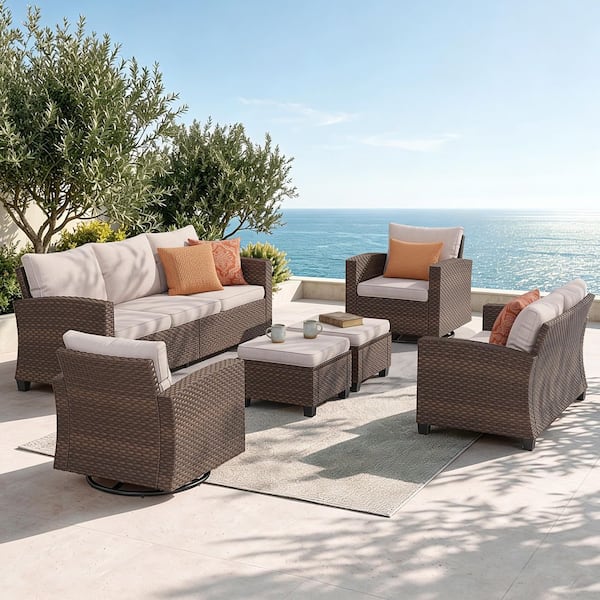Brown Rattan Wicker 9 Seat 6-Piece Steel Outdoor Patio Conversation Set with Beige Cushions,2 Swivel Chairs,2 Ottomans