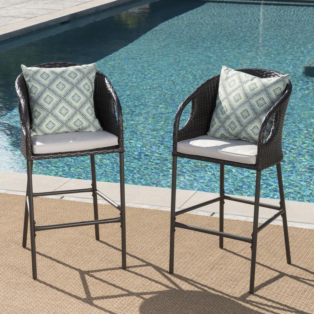 Noble House Mariam Faux Rattan Outdoor Bar Stool with Light Brown ...