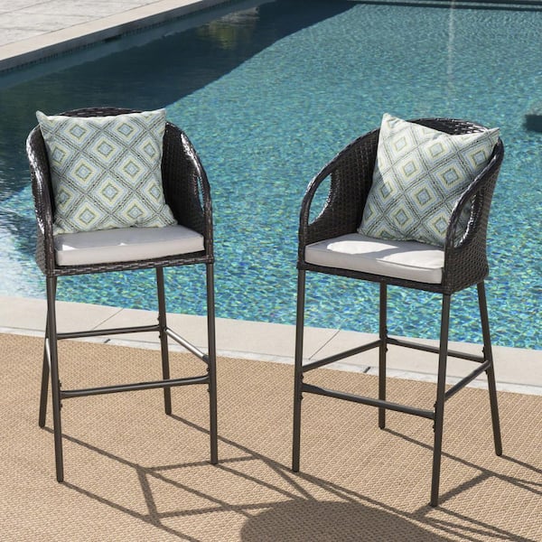 Noble House Mariam Faux Rattan Outdoor Bar Stool with Light Brown Cushion (2-Pack)