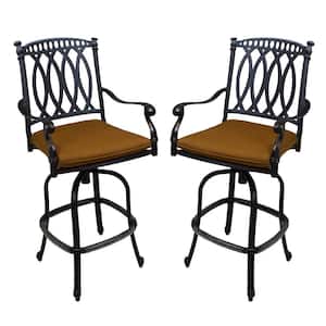 Pair of Outdoor Cast Aluminum Black Swivel Bar Stools with Brown Sunbrella Cushions and Rubber Foot Guards