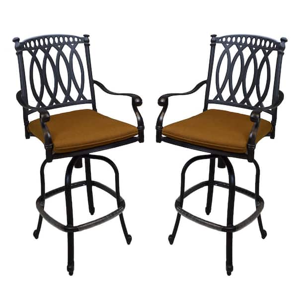 Oakland Living Pair of Outdoor Cast Aluminum Black Swivel Bar Stools with Brown Sunbrella Cushions and Rubber Foot Guards