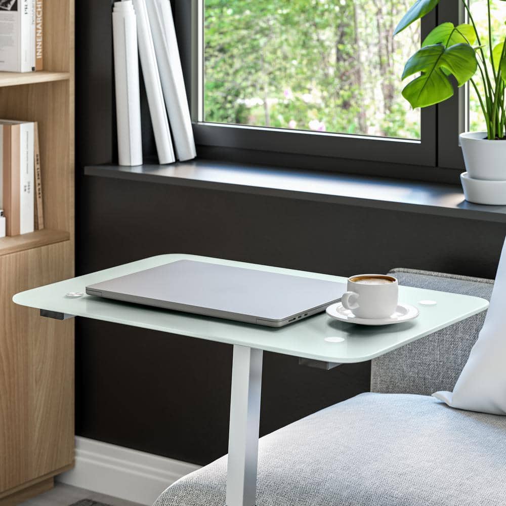 White Adjustable Height Glass Mobile Laptop Desk Cart