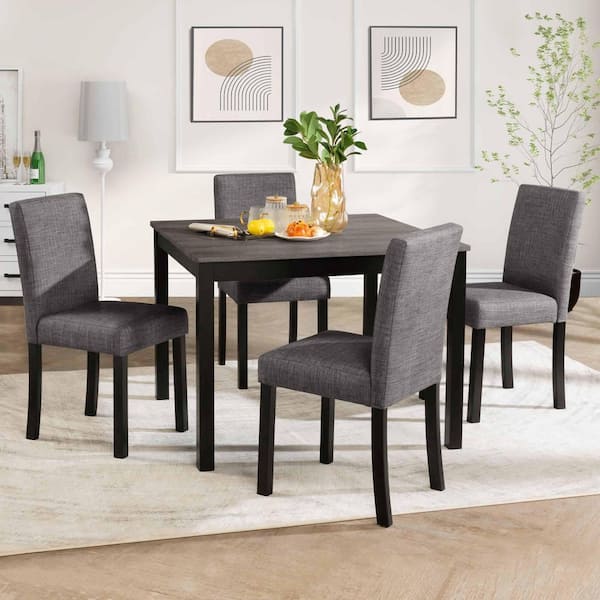 5-Piece Square Black/Light Gray Wood Top Dining Room Set Seats 4